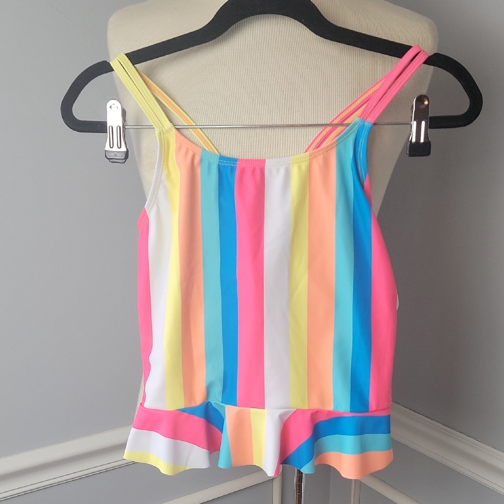 HURLEY Bright Multi-Colored Striped Ruffle Hem Beach Two Piece‎ Tankini Swimsuit